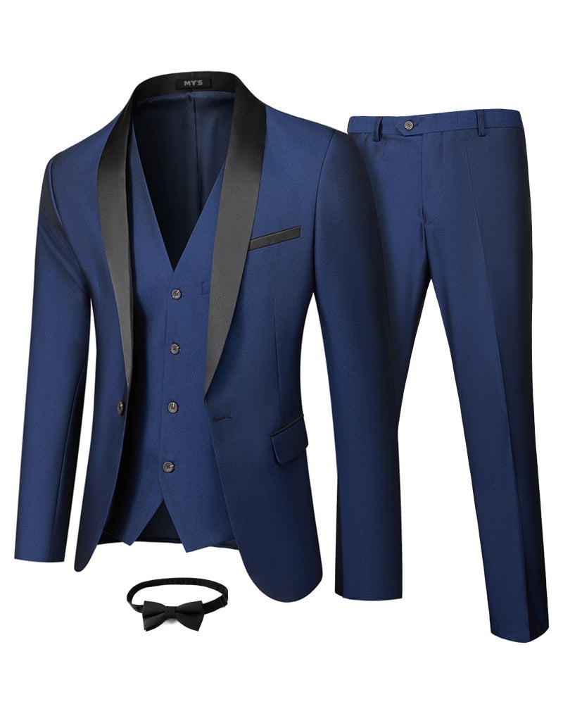 MYS MY'S Mens 3 Piece Tuxedo Set with Bow Tie, Shawl Lapel One Button Jacket Vest & Pants, Slim Fit Suit Prom Party Wedding Tux, Deep Blue - Image 1